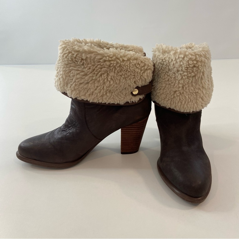 Tommy Hilfiger heeled ankle boots brown genuine leather shearling size 8 almond - Picture 10 of 16